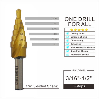 Segomo Tools Brocas escalonadas industriales con revestimiento de titanio M35 de 2 flautas en espiral de acero de alta velocidad (HSS)