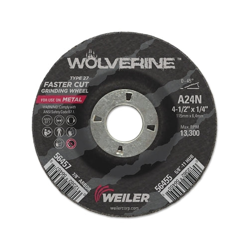 Weiler Wolverine Grinding Wheels, 4 1/2 Inches Dia, 1/4 Inches Thick, 7/8 Inches Arbor, 24 Grit, N - 1 per EA - 56457