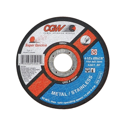 Cgw Abrasives Super-Quickie Cut-Off Wheel, 4 1/2 Inches Dia, .045 Inches Thick, 60 Grit Alum. Oxide - 50 per BOX - 45042