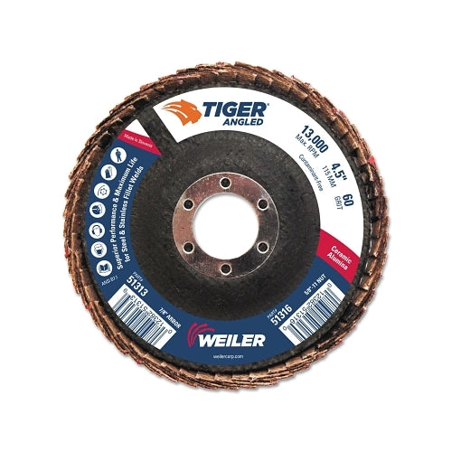 Weiler Tiger Angled Flap Disc, 7/8 In, 60 Grit, 10 Per Box - 10 per BX - 51313