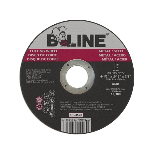 B-Line Abrasives Cutting Wheel, 4-1/2 Inches Dia, 0.045 Inches Thick, 7/8 Inches Arbor, 60 Grit, Alum Oxide - 25 per BX - 90889