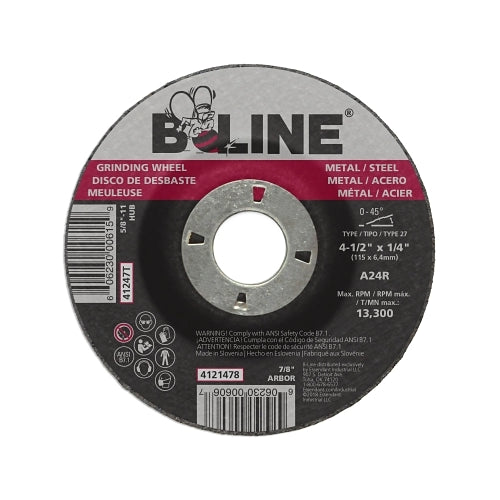 B-Line Abrasives Depressed Ctr Grinding Wheel, 4-1/2 Inches Dia, 1/4 Inches Thick, 7/8 Inches Arbor, 24 Grit - 10 per PK - 90906