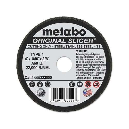 Metabo Original Slicer Cutting Wheel, 4 Inches Dia, .04 Inches Thick, A 60 Tz Grit, Alum. Oxide - 1 per EA - 655323000