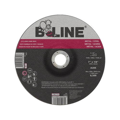 B-Line Abrasives Depressed Center Combo Wheel, 7 Inches Dia, 1/8 Inches Thick, 5/8 In-11 Arbor, 30 Grit, Aluminum Oxide - 10 per PK - 90903