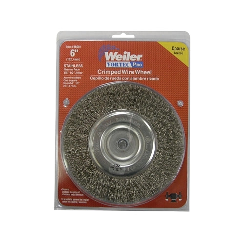 Weiler Crimped Wire Wheel, 6Inches D, .014 Stainless Steel, 6000 Rpm, Retail Pk - 1 per EA - 36001