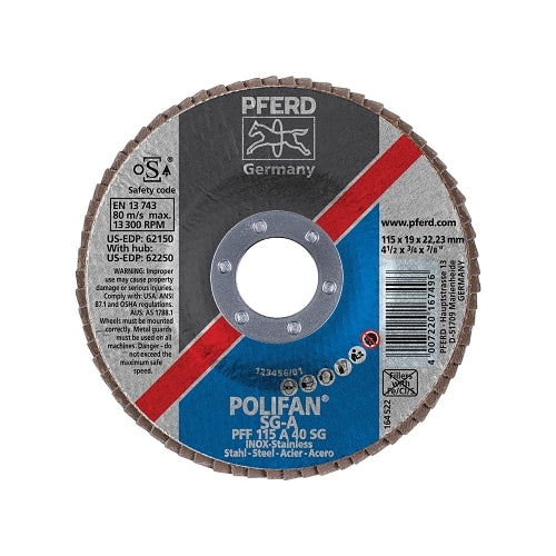 Pferd Type 27 Polifan Sg Flap Disc, 4-1/2 Inches Dia, 40 Grit, 7/8 Arbor, 13000 Rpm - 1 per EA - 62150