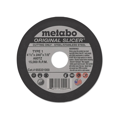 Metabo Original Slicer Cutting Wheel, Type 1, 4-1/2 Inches Dia, 0.045 Inches Thick, 60 Grit, Aluminum Oxide - 1 per EA - 655331000