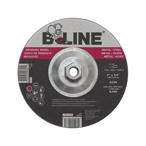 B-Line Abrasives Depressed Center Grinding Wheel, 7 Inches Dia, 1/4 Inches Thick, 5/8 In-11 Arbor, 24 Grit - 10 per CT - 90912