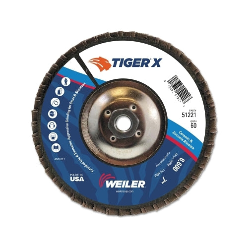 Weiler Tiger X Flap Disc, 7 pulgadas en ángulo, grano 60, 5/8 pulgadas - 11 Arbor - 10 por PK - 51221