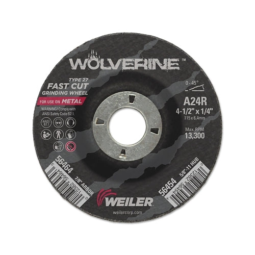 Weiler Wolverine Grinding Wheel, 4-1/2 Inches Dia, 1/4 Inches Thick, 7/8 Inches Arbor, 24 Grit - 1 per EA - 56464