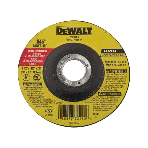 Dewalt Hp T27 Metal Cuttiing Wheel, 4-1/2 Inches Dia, 7/8 Inches Arbor, 13300 Rpm - 1 per EA - DW8424