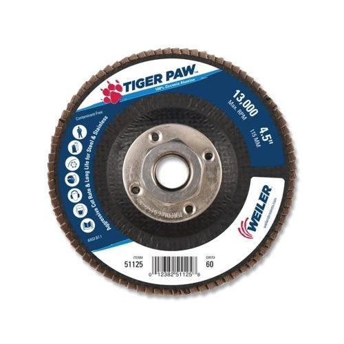 Weiler Tiger Paw Ty29 Coated Abrasive Flap Disc, 4-1/2 Inches Dia, 60 Grit, 5/8 In-11, 13000 Rpm - 10 per CT - 51125