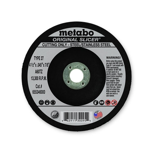 Metabo Original Slicer Cutting Wheel, 4-1/2 Inches Dia, 0.045 Inches Thick, 7/8 Inches Arbor, 60 Grit, Ao - 1 per EA - 655346000