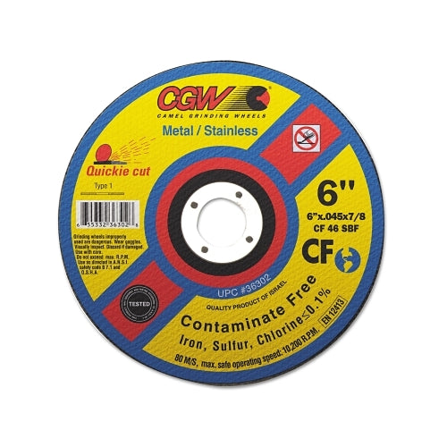 Cgw Abrasives Contaminate Free Cut-Off Wheel, 6 Inches Dia, .045 Inches Thick, 36 Grit Alum. Oxide - 25 per BOX - 36302