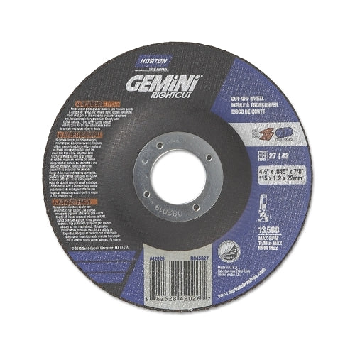 Norton Gemini Rightcut Right Angle Cut-Off Wheel, Type 27/42, 4-1/2 Inches Dia X 0.045 Inches Thick X 7/8 Inches Arbor, 25 Ea/Bx - 25 per BX - 66252842026