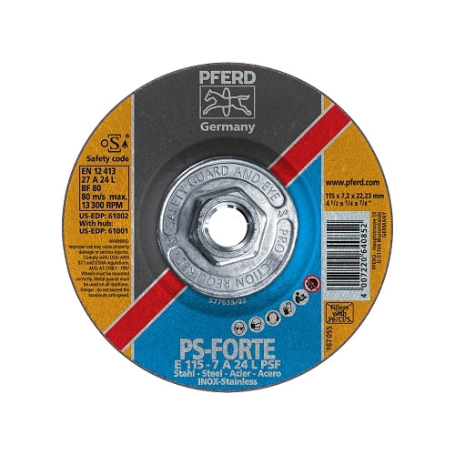 Pferd Type 27 General Purpose Psf-Inox Depressed Center Wheel, 4-1/2 Inches Dia, 1/4 Inches Thick, 5/8 Inches Arbor, 24 Grit - 1 per EA - 61001