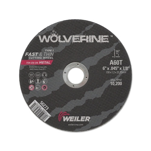 Weiler Wolverine Ao Roue de coupe plate de type 1, 6 pouces de diamètre, 0,045 pouces d'épaisseur, arbre de 7/8 pouces, grain 60 - 1 par EA - 56273