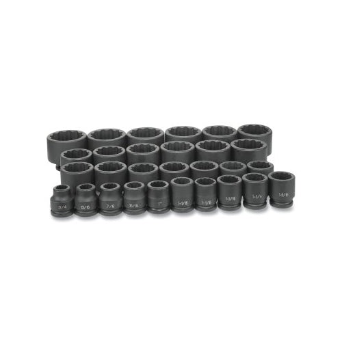 Grey Pneumatic Impact Socket Set, 3/4 Inches Drive, Sae, 12-Point, 3/4 Inches To 2-1/2 Inches Socket Size, 29-Pc Standard Length - 1 per EA - 8129