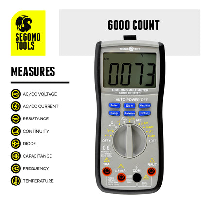 Segomo Tools TRMS 6000 points de tension, courant, résistance, continuité, diode, capacité, fréquence et température Testeur de multimètre numérique manuel et automatique - DM600 