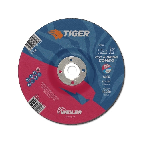 Weiler Tiger Ao Type 27 Cut/Grind Combo Wheel, 6 Inches Dia X 1/8 Inches Thick, 7/8 Inches Dia Arbor, A30S - 25 per BX - 57109