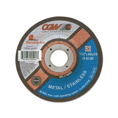 Cgw Abrasives Quickie Cut Extra Thin Type 27 Cut-Off Wheel, 4-1/2 Inches Dia, 7/8 Inches Arbor, 60 Grit - 25 per BOX - 45002