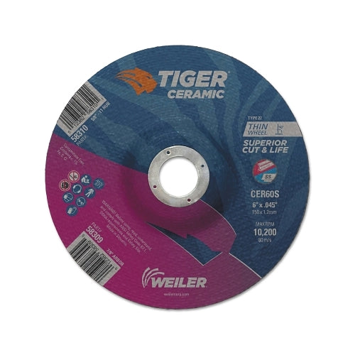 Weiler Tiger Ceramic Cutting Wheels, 6 Inches Dia, 0.045 Inches Thick, 7/8 Inches Arbor, 24/Bx - 25 per BX - 58309