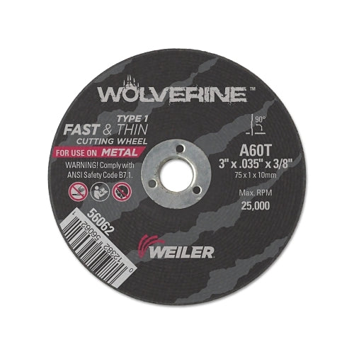 Weiler Wolverine Flat Type 1 Cutting Wheel, 3 Inches Dia, 0.035 Inches Thick, 60 Grit, Aluminum Oxide - 100 per PK - 56062