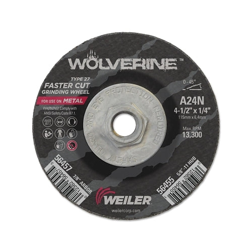 Weiler Wolverine Grinding Wheel, 4-1/2 Inches Dia, 1/4 Inches Thick, 5/8 Inches - 11 Unc Arbor, 24 Grit - 10 per BX - 56455