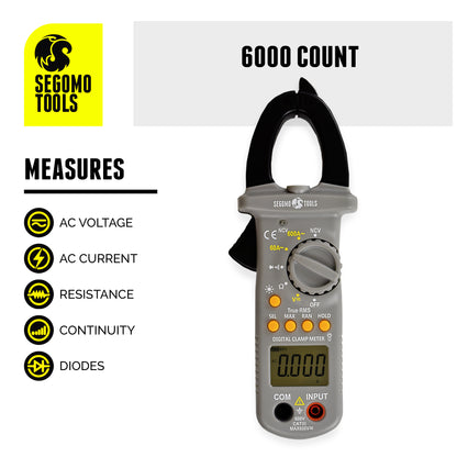 Segomo Tools TRMS 6000 points de tension et courant alternatif, résistance, continuité et diode, pince multimètre numérique à plage automatique - DCM1 