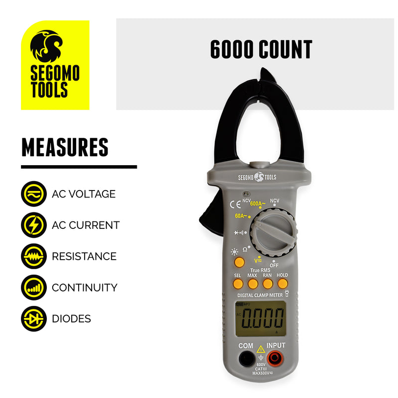 Segomo Tools TRMS 6000 Count AC Voltage & Current, Resistance, Continuity & Diode Auto Ranging Digital Clamp Meter - DCM1