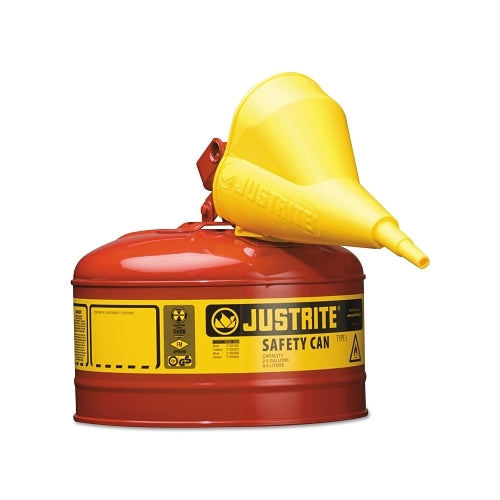 Justrite Type I Steel Safety Can, Flammables, 2.5 Gal, Red, With Funnel - 1 per EA - 7125110