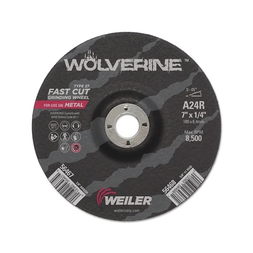 Weiler Wolverine Grinding Wheels, 7 Inches Dia, 1/4 Inches Thick, 7/8 Inches Arbor, 24 Grit, R - 1 per EA - 56467
