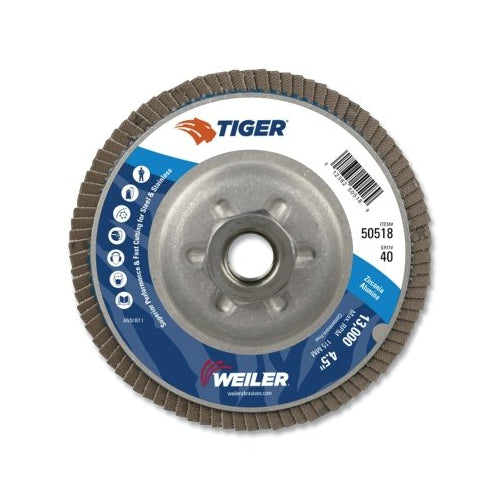 Weiler Tiger Disc Angled Style Flap Disc, 4-1/2 Inches Dia, 40 Grit, 5/8 In-11, 13000 Rpm, Type 29 - 1 per EA - 50518