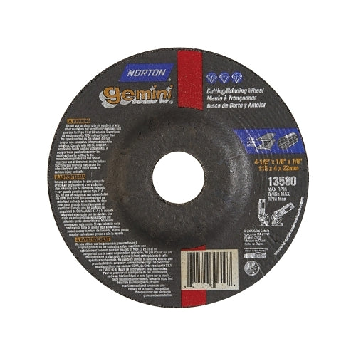 Norton Gemini Type 27 Grinding And Cutting Wheel, 4-1/2 Inches Dia X 1/8 Inches T X 7/8 Inches Arbor Hole, Ao - 25 per BX - 66252843591