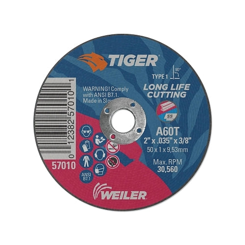 Weiler Tiger Ao Cutting Wheel, 4-1/2 Inches Dia X 0.045 Inches Thick, 5/8 In-11 Unc Arbor, A60T, Type 27 - 10 per PK - 57040