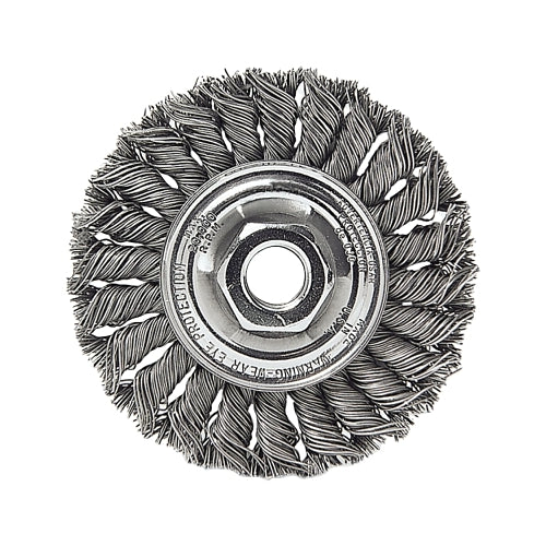 Weiler Standard Twist Knot Wheel, 4 Dia X 1/2 Wide, 0.014 Stainless Steel, 5/8 Inches To 11 Unc Nut - 1 per EA - 13113