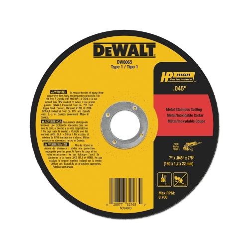 Dewalt Type 1 Thin Metal Cutting Wheel, Hp, 7 Inches Dia X 0.045 Inches Thick X 7/8 Inches Arbor, 8700 Rpm - 25 per BOX - DW8065