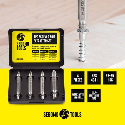 Segomo Tools Juego de extractores de tornillos dañados/pelados Easy Out HSS 4341 de 4 piezas - EOUT4HSS