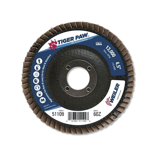 Weiler Tiger Paw Coated Abrasive Flap Disc, 4-1/2 Inches Dia, 60 Grit, 7/8 Arbor, 13000 Rpm, Type 27 - 10 per CT - 51109