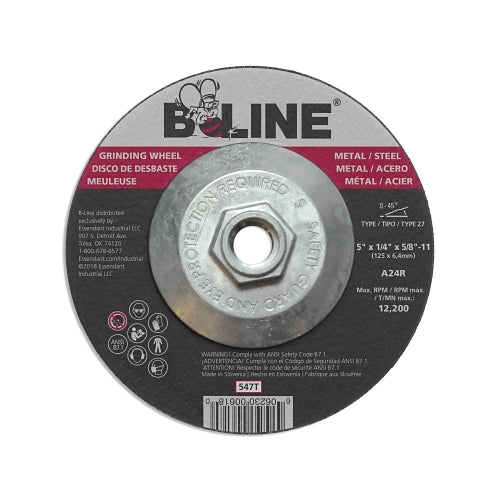 B-Line Abrasives Depressed Center Grinding Wheel, 5 Inches Dia, 1/4 Inches Thick, 5/8 In-11 Arbor, 24 Grit, Aluminum Oxide - 10 per PK - 90907