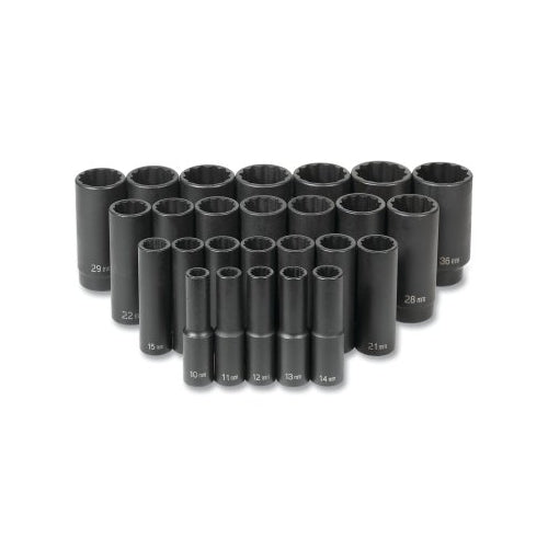 Grey Pneumatic Impact Socket Set, 1/2 Inches Drive, Metric, 12-Point, 10 Mm To 36 Mm Socket Size, 26-Pc Deep Length Master - 1 per EA - 1726MD