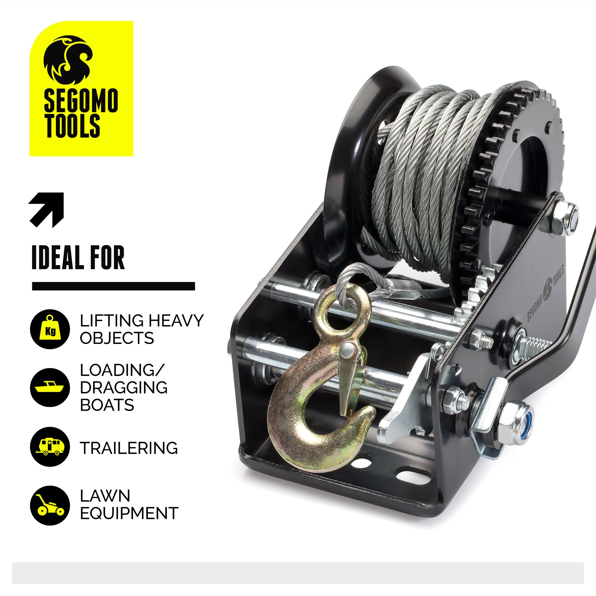 Segomo Tools Heavy Duty 3500 Pound Manual, Two Way Ratchet 32.2 Foot Long  Wire Black Hand Winch - HW3500