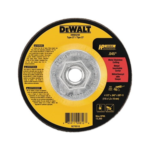 Rueda de corte de metal Dewalt Hp T27, 4-1/2 pulgadas de diámetro, eje de 7/8 pulgadas, 13300 Rpm - 1 por EA - DW8424H