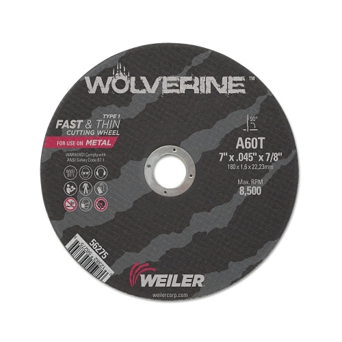 Weiler Wolverine Flat Type 1 Cutting Wheel, 7 Inches Dia X 0.045 In, 7/8 Inches Arbor, 60 Grit, Aluminum Oxide, T Hardness - 1 per EA - 56275