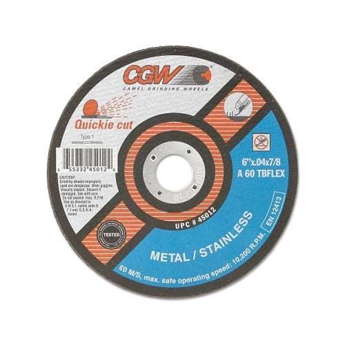 Cgw Abrasives Quickie Cut Type 1 Extra Thin Cut-Off Wheel, 6 Inches Dia, 0.040 Inches Thick, 7/8 Inches Arbor, 60 Grit - 25 per BOX - 45012