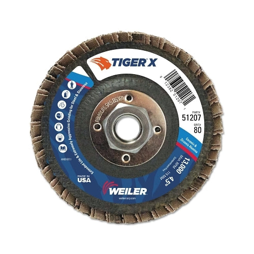 Weiler Tiger X Flap Disc, 4-1/2 pulgadas en ángulo, grano 80, 5/8 pulgadas a 11 eje - 10 por PK - 51207