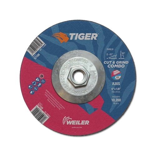 Weiler Tiger Ao Type 27 Cut/Grind Combo Wheel, 6 Inches Dia X 1/8 Inches Thick, 5/8 In-11 Dia Arbor, A30S - 10 per BX - 57108