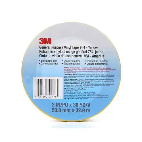 3M General Purpose Vinyl Tape 764, 5 Mil, Yellow, 2 Inches X 36 Yd - 1 per RL - 7000028954