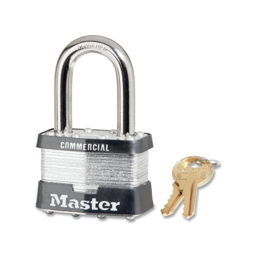 Master Lock No. 5 Laminated Steel Padlock, 3/8 Inches Dia X 15/16 Inches W X 1-1/2 Inches H Shackle, Silver/Gray, Keyed Alike, Keyed 3779 - 6 per BX - 5KALF