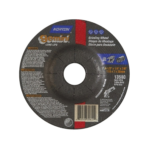 Norton Gemini Type 27 Grinding And Cutting Wheel, 4-1/2 Inches Dia X 1/4 Inches T X 7/8 Inches Arbor Hole, Ao - 25 per BX - 66252843594